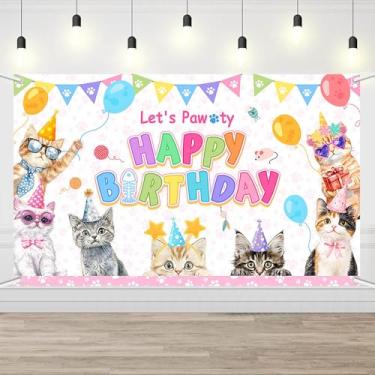 Imagem de AIBIIN Decoração de aniversário de gato rosa fofo faixa de festa de aniversário Let's Pawty Cats pano de fundo para fotos de aniversário para ambientes internos e externos 179,8 x 110 cm
