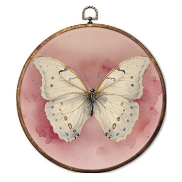 Imagem de Fyecoluo Arte de parede em tela redonda de borboleta vintage rosa, arte em tela emoldurada de borboleta neutra mal-humorada, impressões de pendurar na parede círculo de traça retrô para decoração de