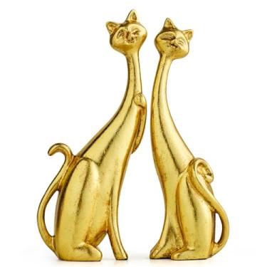 Imagem de Octdays Conjunto de 2 estatuetas de gato douradas, estátuas de gato para decoração de casa, escultura moderna de animais de resina, presente para amantes de gatos dourados, estatueta decorativa para