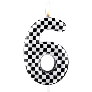 Imagem de Velas de aniversário xadrez pretas e brancas, bandeira quadriculada, número de tema de corrida, decoração de bolo de aniversário, decoração de festa para entusiastas de carros, velas de bolo de 6 anos