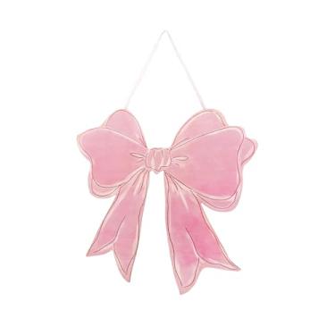 Imagem de Placa de pendurar de madeira com laço rosa, decoração de parede feminina para quarto de meninas, placa de porta com design de laço formal para dormitório, quarto, banheiro, decoração de boas-vindas