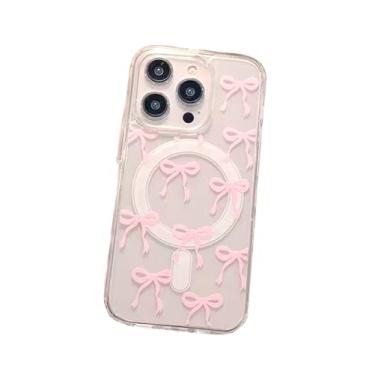 Imagem de Capa para iPhone 16 com laço transparente, compatível com Magsafe Pink Bowknot Pattern Phone Case, capa protetora fina à prova de choque para mulheres e meninas, plástico rígido transparente