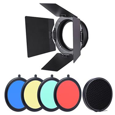 Imagem de Matybobe Porta de celeiro de metal com suporte universal de 96 mm com grade de favo de mel, 4 peças de filtros de gel colorido para Neewer 180W 250W 300W MD-250 MD-300 Studio Strobe Flash Light