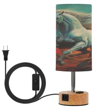 Imagem de SEHANY Candeeiro de mesa de cabeceira de cavalo de corrida com 3 portas de carregamento, lâmpada LED sensível ao toque regulável de 3 vias para mesinhas noturnas, abajur redondo de linho, lâmpada de