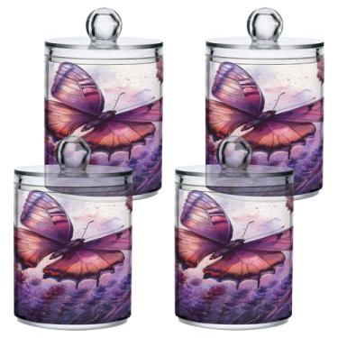 Imagem de ATTX Dispensador de suporte Qtip de campo de lavanda com borboletas para bola de algodão, cotonete, frasco de boticário de plástico transparente, pote de armazenamento de cozinha para decoração de