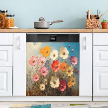 Imagem de ATTX Flores silvestres pintura a óleo capa ímã máquina de lavar louça, 58.4 cm C x 66.0 cm A decoração frontal da capa da máquina de lavar louça, decalques de armário doméstico eletrodomésticos