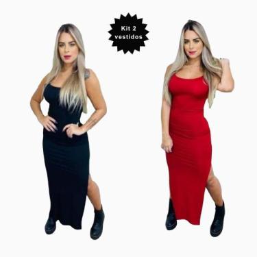 Imagem de Kit Vestido com 2 Longo Alcinha Canelado Fenda Lateral Casual Festa Pr