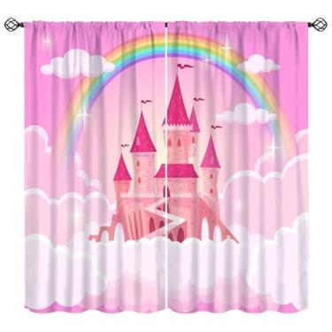Imagem de Cortinas de arco-íris de castelo rosa de desenho animado, fantasia princesa conto de fadas, decoração de sonhos com bolso para varão, tratamentos de janela para crianças, meninas, quarto de bebê, sala
