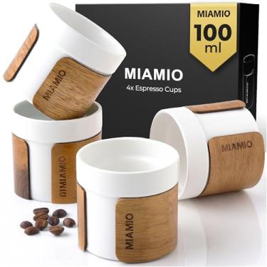 Imagem de MIAMIO – Conjunto de 4 xícaras de café expresso (100 ml) canecas japonesas de cerâmica/sem alça com punho de madeira removível/xícaras de café sem alça (branca)