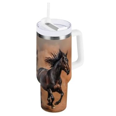 Imagem de Kigai Copo de cavalo de corrida de 850 g com tampa e canudo, copo isolado de aço inoxidável durável à prova de vazamento com alça, garrafas de água à prova de derramamento para viagens