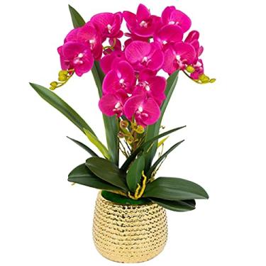 Imagem de LMJYU Flores artificiais de orquídea com vaso Phalaenopsis Peças centrais de flores falsas para sala de jantar arranjos de mesa decoração lindas flores artificiais e Va