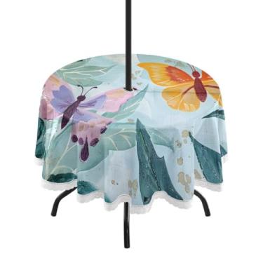 Imagem de CEBUGI Toalha de mesa redonda para uso externo, borboleta, flor, impermeável, com furo Umberlla, capa de mesa lavável para pátio, cozinha, sala de jantar, 152 cm