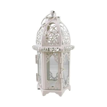 Imagem de Lanternas de vela decorativas retro suporte de vela de vidro de ferro lanternas penduradas luz de mesa casamento decoração de casa, branco transparente, 15,5 x 7 cm
