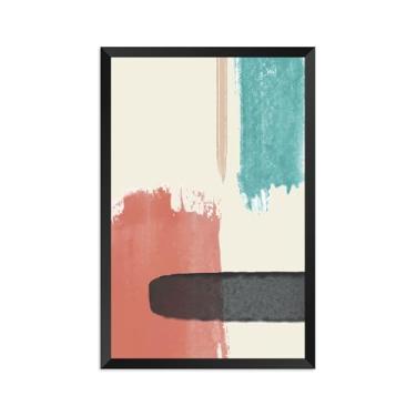 Imagem de Quadro Decorativo Abstrato Moderno, Eucatex, Cores Coral e Turquesa, Moldura Preta, 90x60 cm, Arte Minimalista para Parede