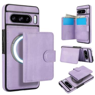 Imagem de Carteira removível para Google Pixel 8 Pro, compatível com Magsafe, capa de carregamento sem fio com suporte para cartão, compartimento para dinheiro, suporte 2 em 1 à prova de choque (roxa)