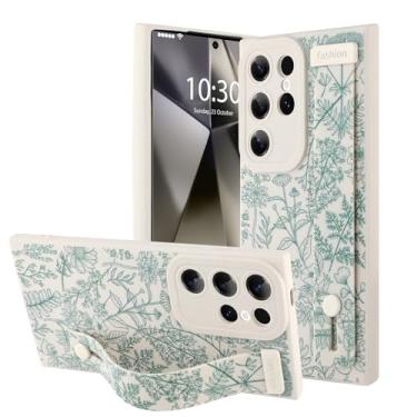 Imagem de OOK Capa de telefone compatível com Samsung Galaxy S24 Ultra Silicone com alça, linda estampa floral floral para mulheres e meninas, alça de dedo ajustável, capa protetora fina, flor de sálvia branca
