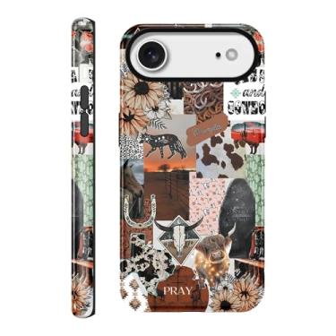 Imagem de Vulfwela Capa de telefone para iPhone Air 16,5 cm Western Boho Collage, 2 em 1, vintage, rosa, chapéu de caubói cavalos, cabeça de touro, floral, capa de telefone country oeste, à prova de choque