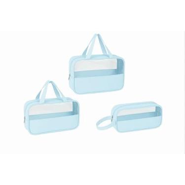 Imagem de Conjunto de Necessaires Transparentes, Kit 3 Peças, Bolsa de Cosméticos Azul Clara com Alça, Organizador de Maquiagem e Produtos de Higiene para Viagem
