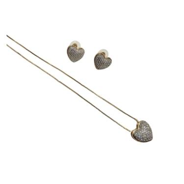 Imagem de Conjunto Elegante de Semi Joias com Colar e Brincos Coração, Cravejados com Cristais, Banhado a Ouro, 2 Peças