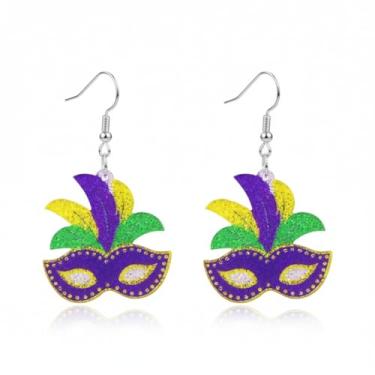 Imagem de Brincos femininos de carnaval com glitter, máscara, gnomo, pingente, leve, amarelo, verde, carnaval, carnaval, acessórios para presente, Medium, Metal, Sem pedra preciosa