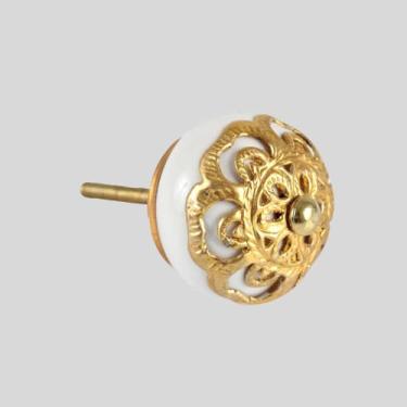 Imagem de Puxador Maçaneta Redondo em Cerâmica Branco e Dourado 4 cm – Acabamento Esmaltado Luxo, Design Trabalhado para Gavetas, Armários e Portas