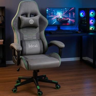 Imagem de Cadeira Gamer Giratória com Reclinação, Veludo Cinza com Detalhes Verde, Ajuste de Altura, Braços Reclináveis, 55x138x57 cm