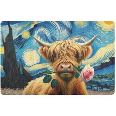 Imagem de TSENQUE Capacho personalizado Starry Night Highland Bezerro Halloween fofo à prova d'água, tapete de boas-vindas tapetes de entrada laváveis para interior de casa 81 cm x 50 cm