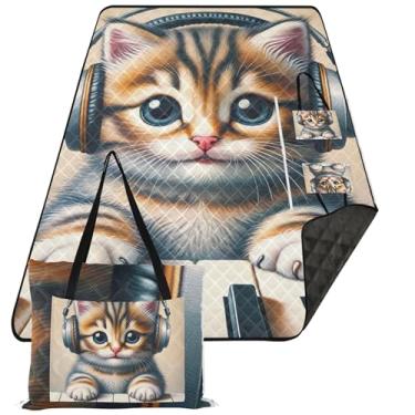 Imagem de TSENQUE Lindo gatinho piano gato fofo cobertor de piquenique tapete de praia dobrável impermeável à prova de areia floral cobertor de acampamento para grama 203 cm x 152 cm