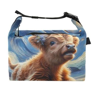 Imagem de TSENQUE Lancheira personalizada Highland para bovinos noturnos estrelados para mulheres adultas lancheira térmica macia personalizada lancheira para trabalho
