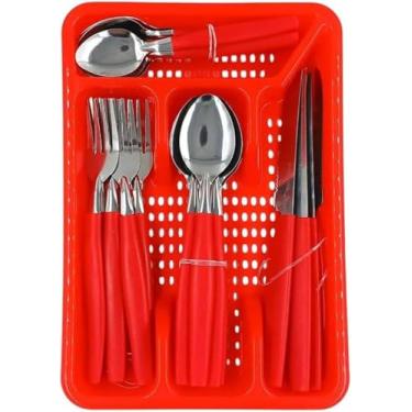 Imagem de Conjunto de Talheres com Organizador, 25 Peças, Vermelho, Aço Inox, 6 Garfos, 6 Colheres, 6 Facas, 6 Colheres de Chá, Bandeja Organizadora 27x18,5cm