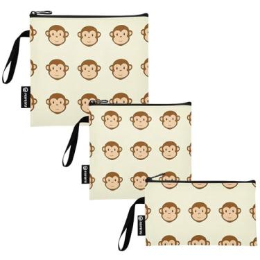 Imagem de TSENQUE Macaco brincalhão bege fofo desenho animado reutilizável saco de lanche e sanduíche sacos de almoço com zíper seguro alimentos laváveis para crianças e adultos (pacote com 3: P/M/G)