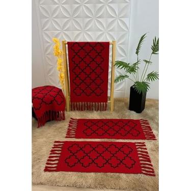 Imagem de Kit Passadeira de Cozinha 3 Peças Geométrica – Jogo de Tapetes em Tecido Grosso Algodão para Cozinha Sala e Quarto (Vermelho c/Colmeia Preta)