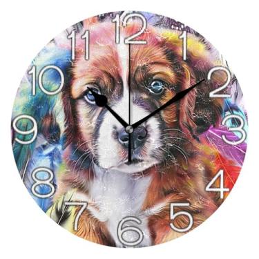 Imagem de GAIGEO Relógio de parede analógico decorativo redondo sem tique-taque silencioso relógio de cozinha rústico, decoração de parede de sala de estar moderna, cachorro colorido, cachorrinho fofo, animal