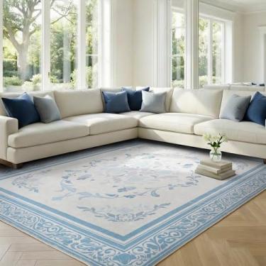 Imagem de SOULFUL Tapetes de pilha média 20 x 25 cm para sala de estar - Tapete aconchegante macio sob os pés - azul névoa boho floral - lavável antiderrapante - perfeito para quarto de crianças sob a mesa de