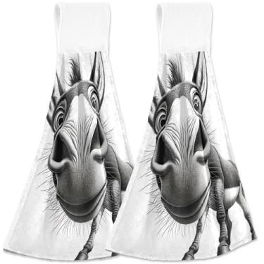 Imagem de TSENQUE Engraçado burro bonito toalha de mão cinza com laços para pendurar toalhas de gravata no forno conjunto de 2, toalhas de cozinha fofas florais macias absorventes decorativas, 18,2 x 14