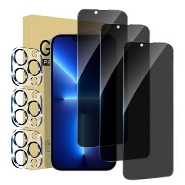 Imagem de Pacote com 3 + 3 protetores de tela de privacidade para iPhone 13 Pro Max com protetor de lente de câmera cobertura total, película de vidro temperado anti-espião, dureza 9H, fácil instalação, sem