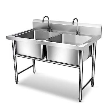 Imagem de Pia comercial de tigela dupla, pia independente de aço inoxidável, pia utilitária de aço inoxidável para ambientes externos, garagem, restaurante, cozinha, lavanderia (99,8 x 50 x 80 cm)