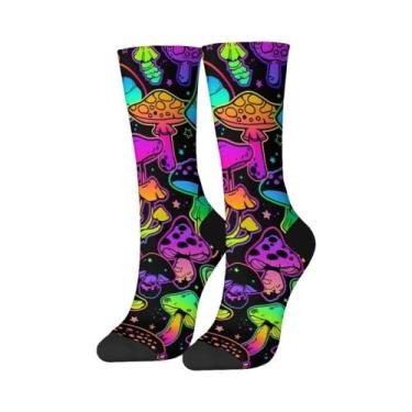 Imagem de Meias Masculinas De Cano Médio Com Estampa De Cogumelo Neon, Respiráve