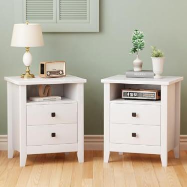 Imagem de JSB Conjunto de 2 mesas de cabeceira Farmhouse, mesa de cabeceira com 2 gavetas, prateleira aberta, mesa de canal/mesa lateral para quarto, quarto de crianças, sala de estar (branco, 47,5 cm L x 38 cm