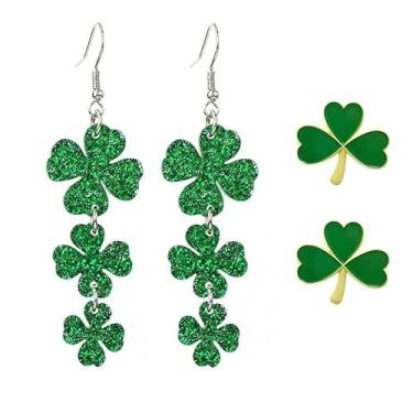 Imagem de ONLYJUMP 2 pares de brincos femininos do dia de São Patrício com glitter verde trevo da sorte brincos pendentes de acrílico estilosos trevo verde gota dia de São Patrício festival irlandês joias