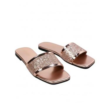 Imagem de BEAUDRM Pantufas femininas com glitter com pérolas brilhantes com contas e bico aberto, Ouro maciço, 40