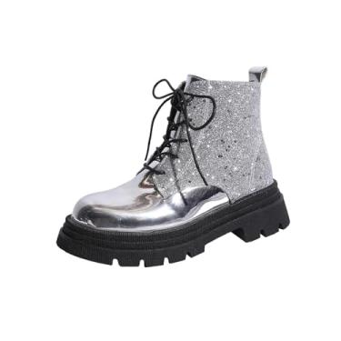 Imagem de Botas femininas modernas de inverno casuais confortáveis com bico redondo brilhante frontal com cadarço e salto baixo, Prata, 35