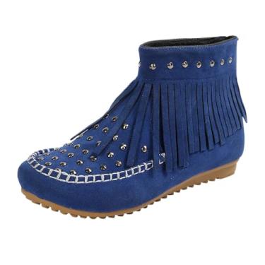 Imagem de Botas femininas casuais de inverno confortáveis cano baixo, com borla, bico redondo, salto baixo, salto grosso, Azul royal, 35