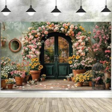 Imagem de Pano de fundo de flores Coloful arco floral retrô cenário para fotografia de porta interior moderno estilo rústico decoração de parede retrato de casamento fundo estúdio cabine de fotos adereços 25 x