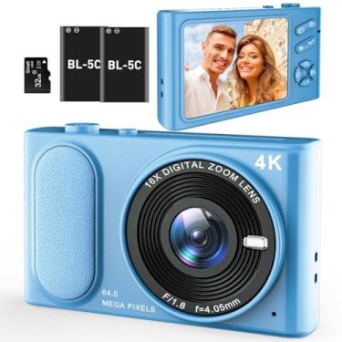 Imagem de Câmera digital atualizada 2025 4K, aponte e atire com tela IPS de 2,8 polegadas, vídeo 4K de 48 MP, zoom 16X, modo macro, flash - câmera compacta para iniciantes (moderna, azul)
