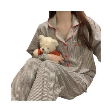 Imagem de Conjunto De Pijama Feminino De Manga Longa Listrado Cinza Respirável S