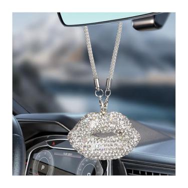 Imagem de MUQIDA Amuleto de espelho retrovisor de carro com lábio brilhante, diamante de lábio, enfeite para pendurar espelho retrovisor, pingente de strass com glitter, decoração de interiores de veículo para