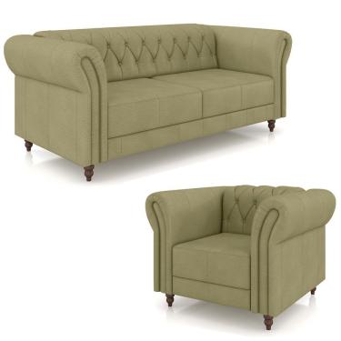 Imagem de Conjunto 1 Sofá Living 200cm E 1 Poltrona Stanford Chesterfield Pés Madeira Couro Fendi G58 Gran Belo