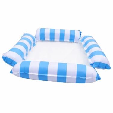 Imagem de Boia Inflável Rede Poltrona com Encosto, Tela Vazada, Listras Coloridas, 120cm, Suporta até 150kg, para Piscina e Praia Chácara Cadeira Flutuante, Flutuador Verão Férias Final de Semana (Azul)