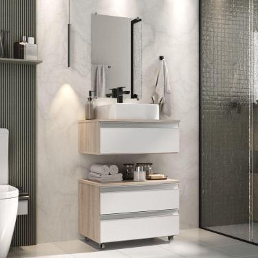 Imagem de Conjunto Gabinete Banheiro Creta 60cm (gabinete+espelheira+cuba) Madeirado Branco